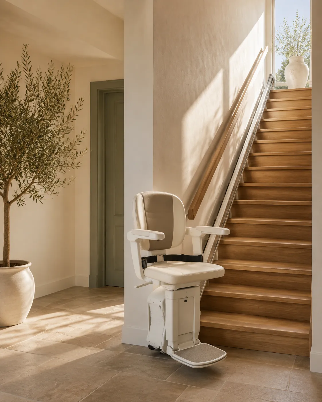 Illustration d’un fauteuil monte-escalier crème sur un rail le long d’un escalier en bois, dans un intérieur lumineux
